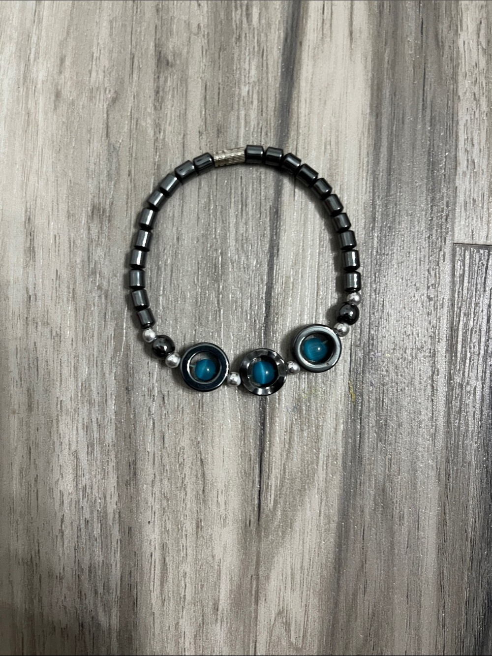 Blue and Hematite Beaded Stretch Bracelet - Women's Jewelry